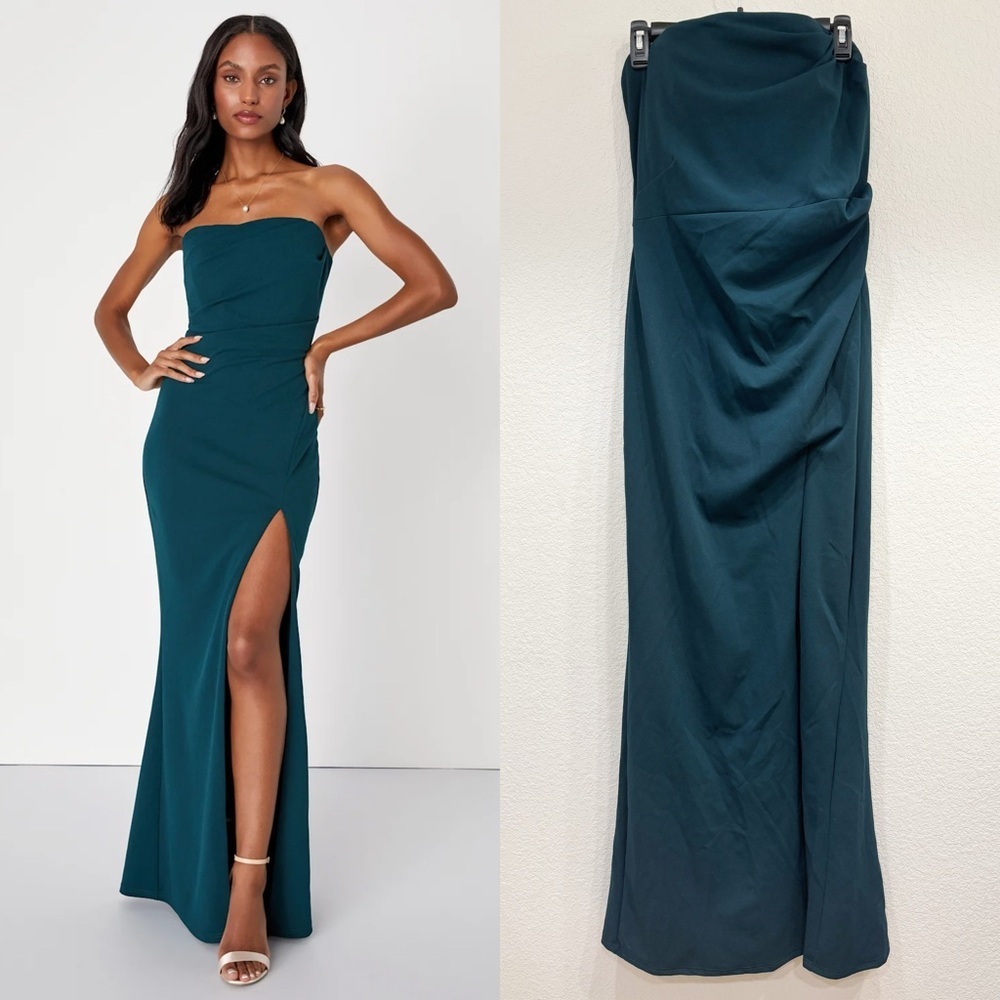 NWOT Lulus Marvelous Entrance Emerald Green Pleated Strapless Maxi Dress